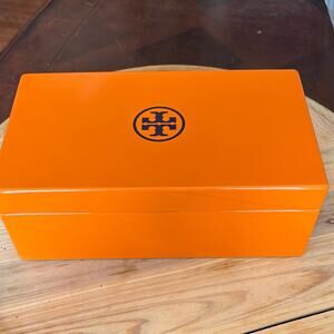 Tory Burch Emblem Vibrant Orange Storage Box navy suede interior